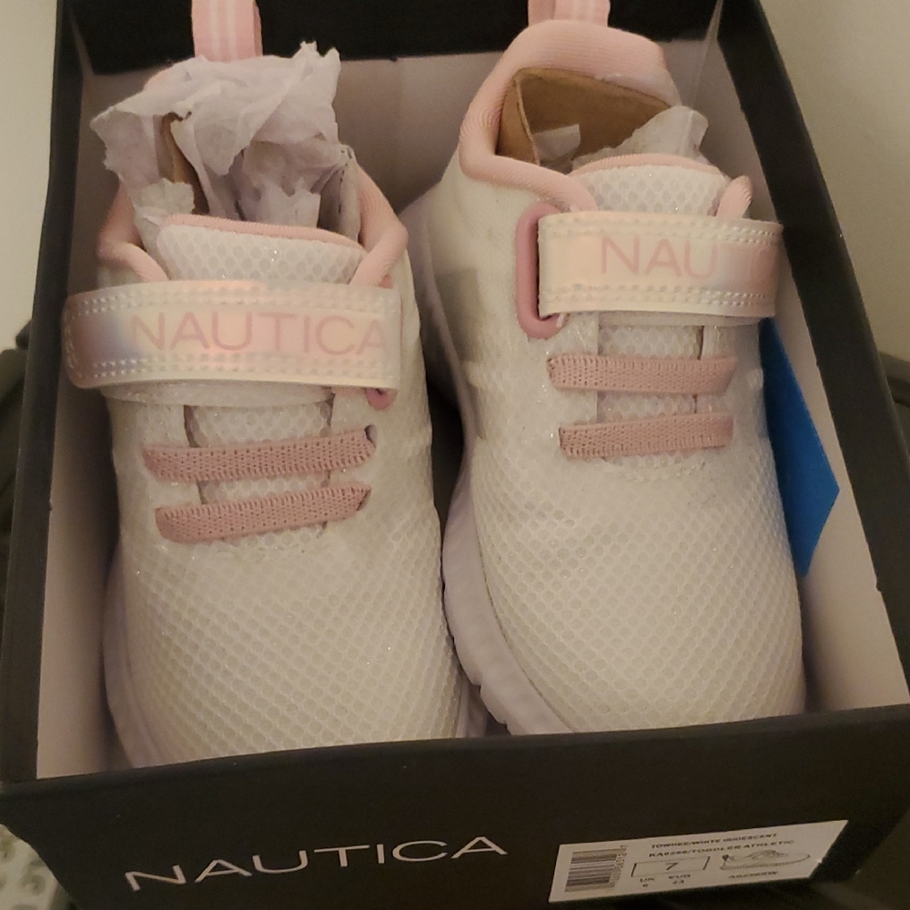Nautica White and Pink Sneakers with Velcro Strap and Textured Fabric